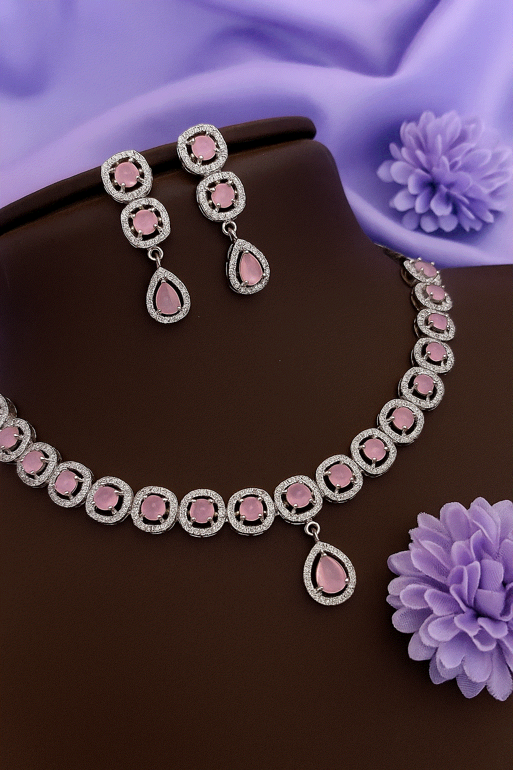 Blush Pink & CZ bridal necklace set with earrings, elegant anti-tarnish luxury jewelry for weddings and parties