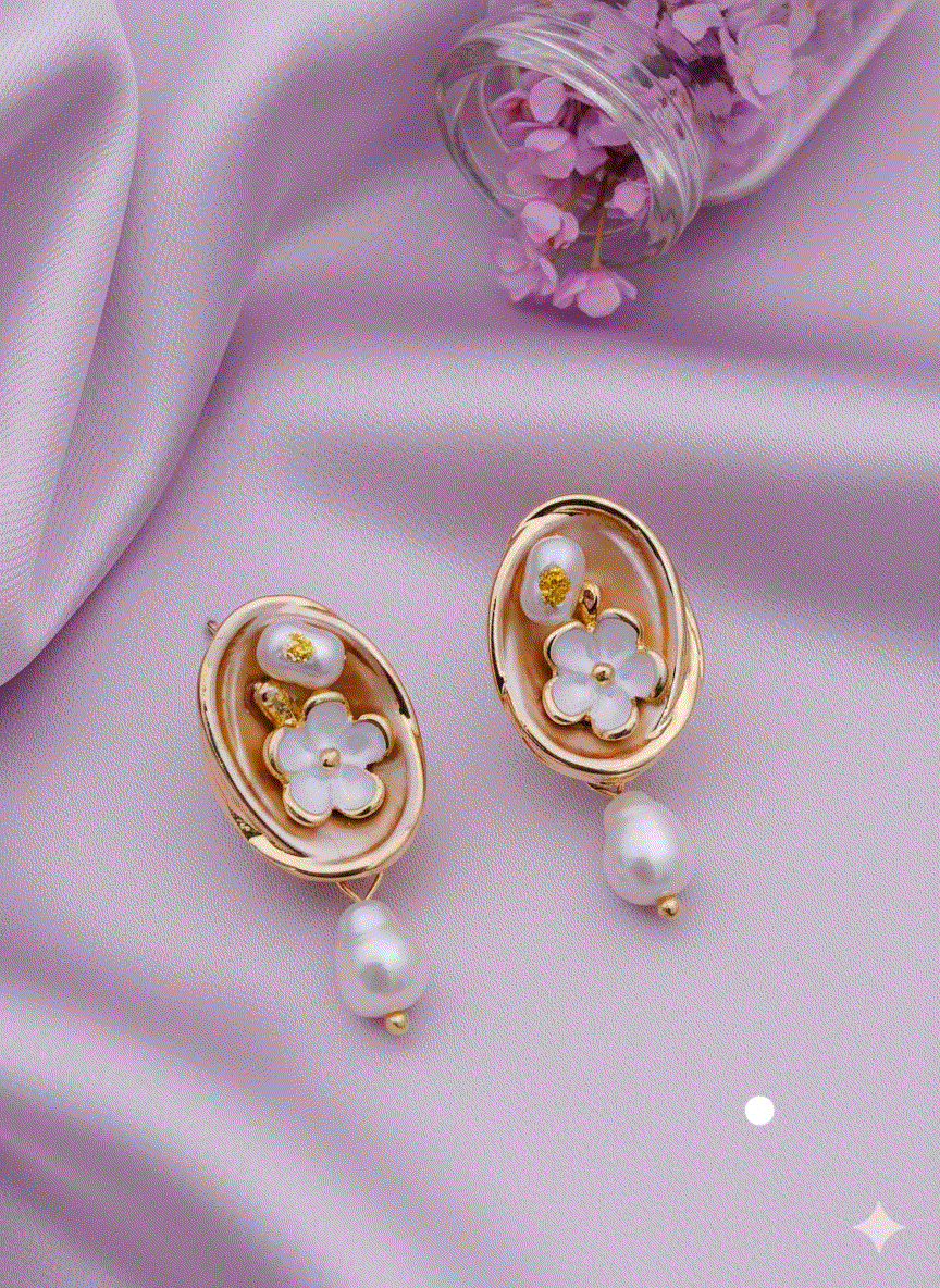 Intimate Jewelry | Luxury Gold-Tone Oyster Enamel & Pearl Drop Earrings | Baroque Pearl Danglers | Designer Floral Bridal & Wedding Guest Statement