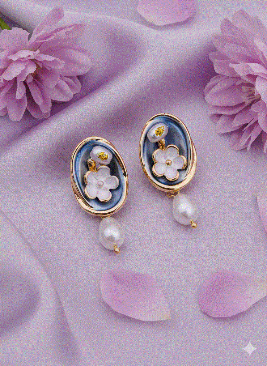 Intimate Jewelry | Luxury Blue Enamel Floral & Pearl Drop Earrings | Gold-Tone Baroque Danglers | Statement Bridal & Wedding Guest Jewelry