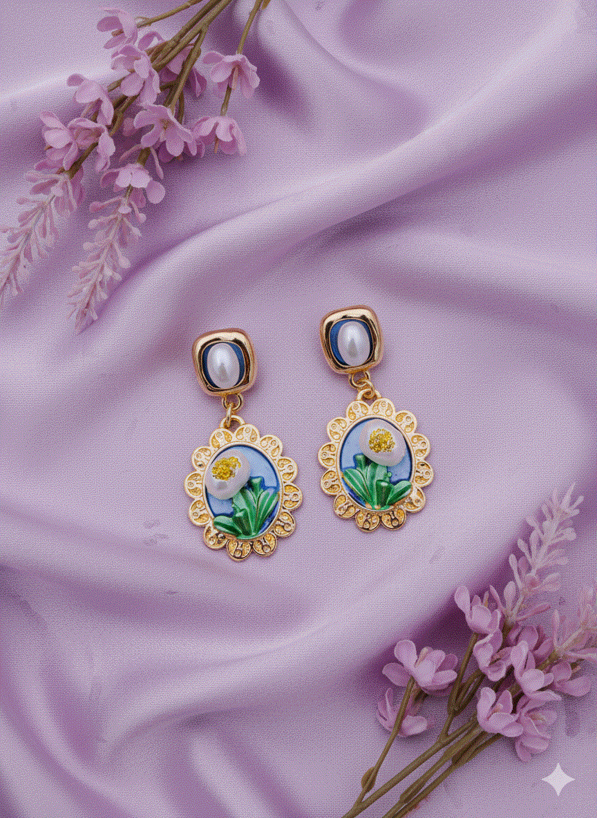 Intimate Jewelry | Elegant Floral Enamel Drop Earrings | Luxury Gold-Tone Scalloped Pearl Danglers | Unique Bridal & Wedding Party Fashion Jewelry