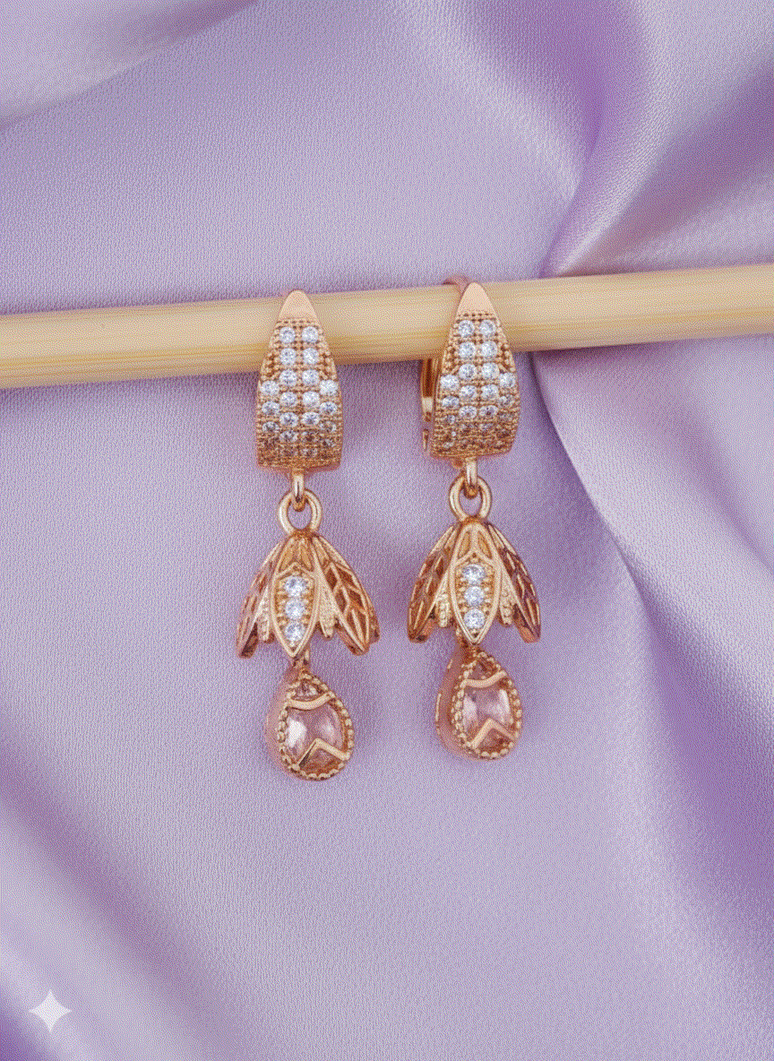 Lumina Apex Intimate Dangle Earrings - Rose Gold Pave CZ Statement Drop Earrings - Modern Floral Design for Cocktail & Luxury Party