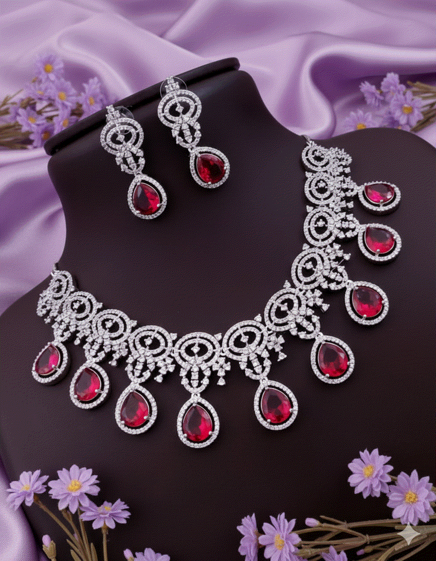 Regal Ruby Red Luxury CZ Intimate Jewelry Set | Silver-Tone Bridal Wedding Necklace Set & Drop Earrings for Gala & Festive Celebrations
