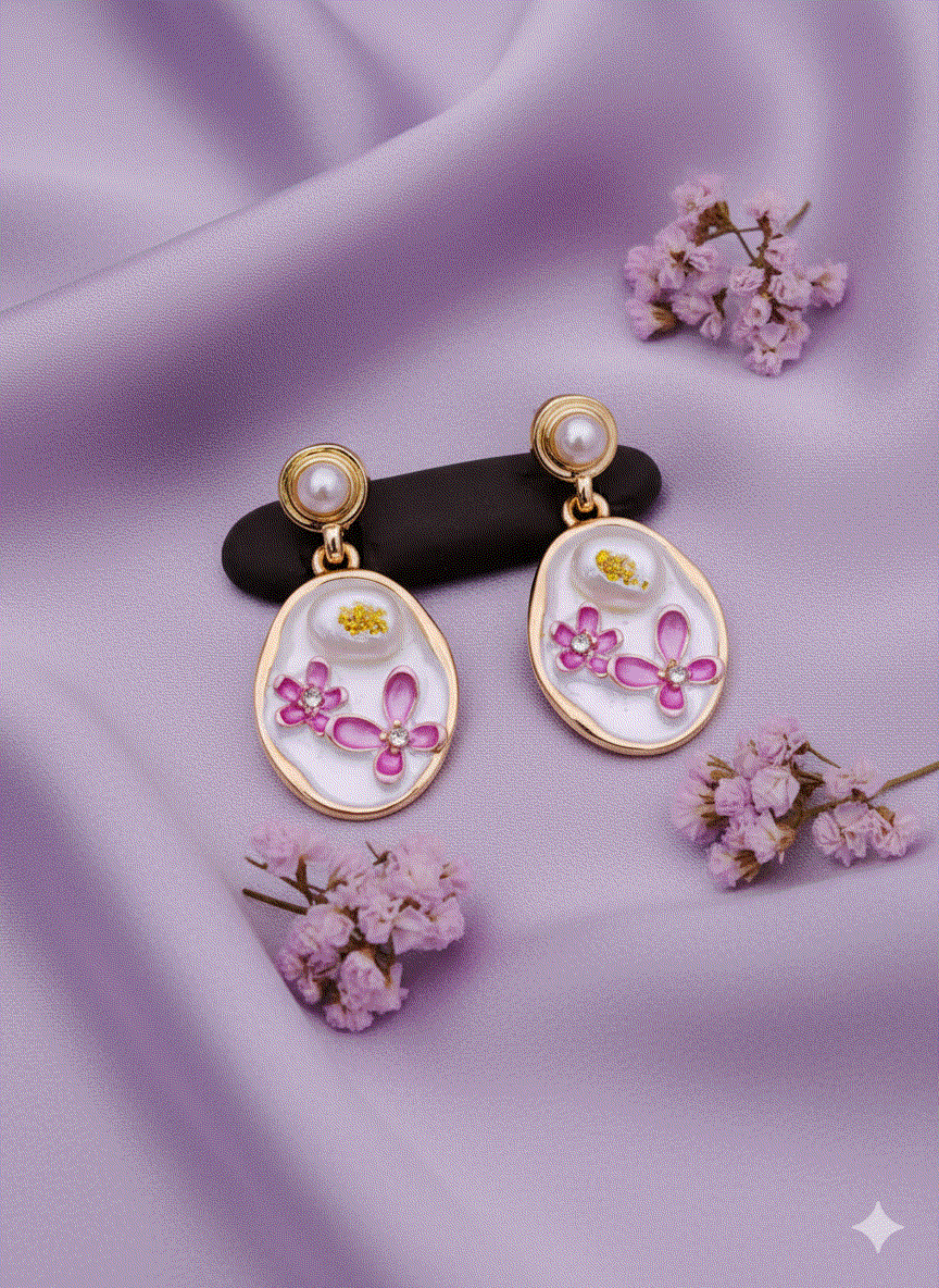 Intimate Jewelry | Charming White Enamel Pink Floral Drop Earrings | Luxury Gold-Tone Irregular Pearl Danglers | Designer Bridal & Wedding Guest Statement Jewelry