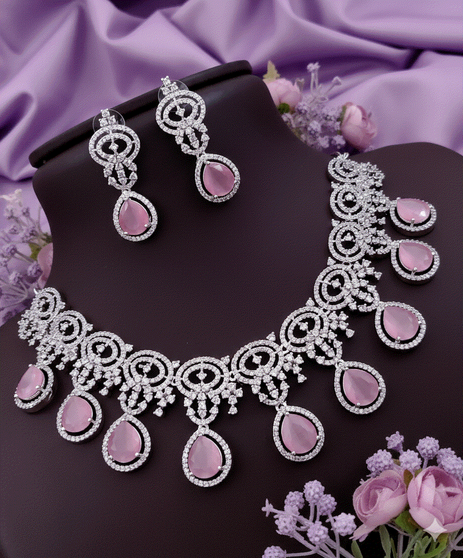 Blush Pink Luxury CZ Intimate Jewelry Set | Silver-Tone Bridal Wedding Necklace Set & Drop Earrings for Romantic Celebrations & Gifts