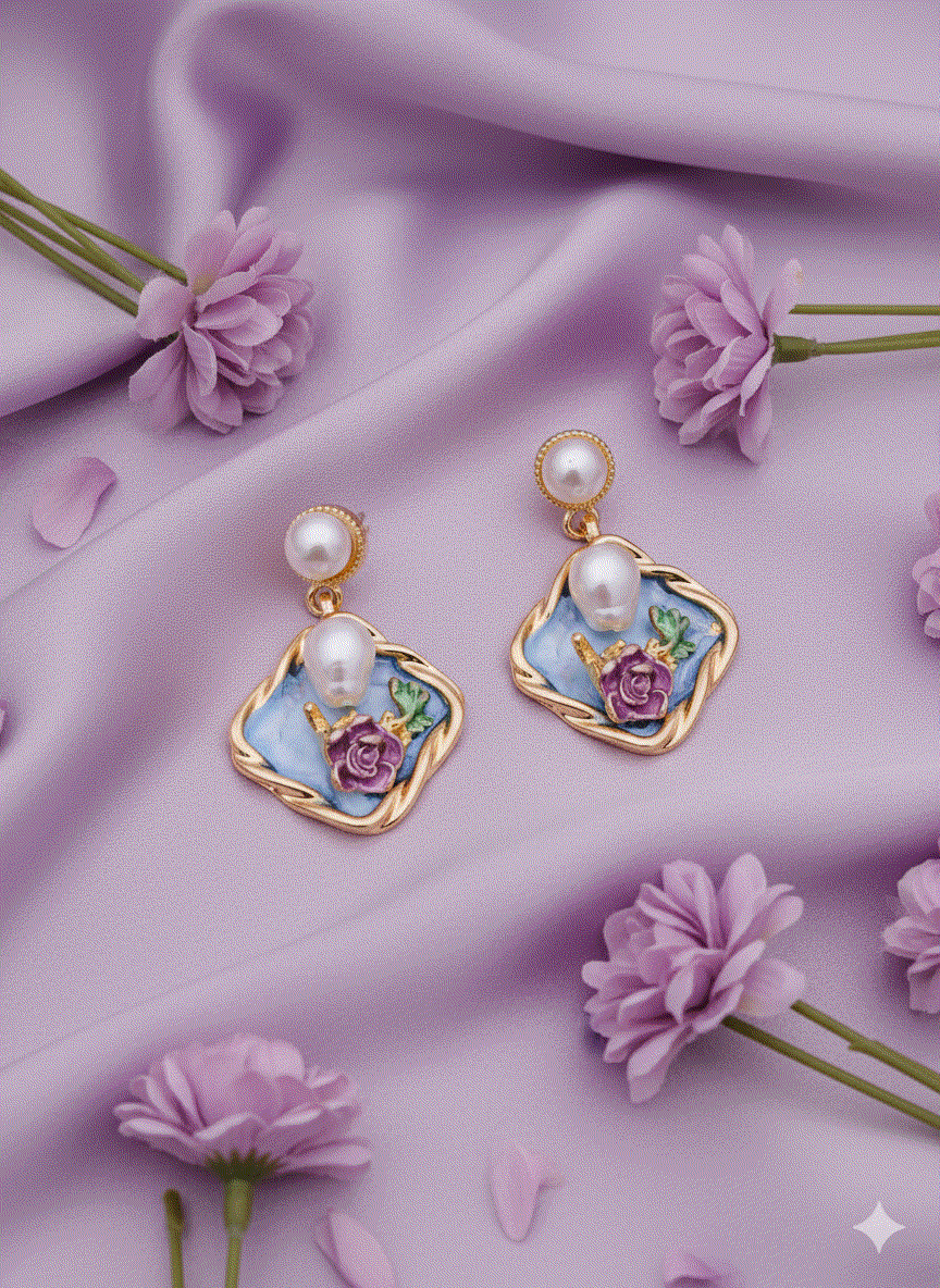 Intimate Jewelry | Luxury Gold-Plated CZ Rose Drop Earrings | Vintage Floral Enamel Pearl Danglers | Perfect Bridal & Wedding Party Jewelry