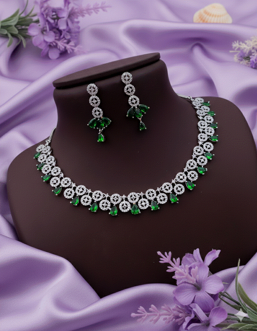 Emerald Green Luxury CZ Intimate Jewelry Set | Silver-Tone Bridal Wedding Necklace Set & Drop Earrings for Gala & Formal Party