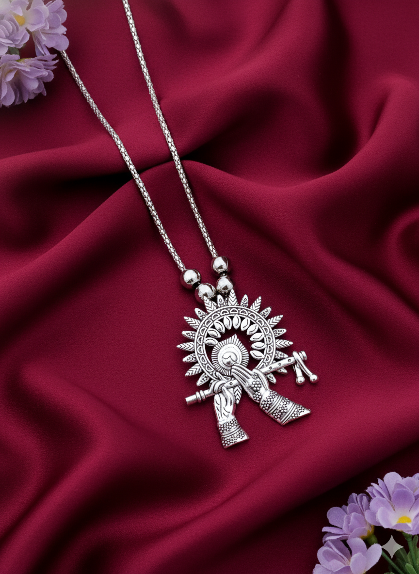 Oxidized Silver Krishna Flute Pendant Necklace | Spiritual Ethnic Jewelry | Long Chain Devotional Statement