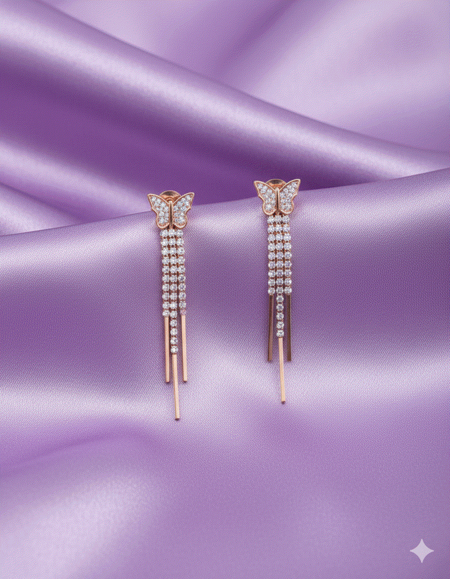 Flutter & Shine Intimate Dangle Earrings - Rose Gold Butterfly CZ Fringe Earrings - Luxury Statement Jewelry for Parties, Bridal & Gala