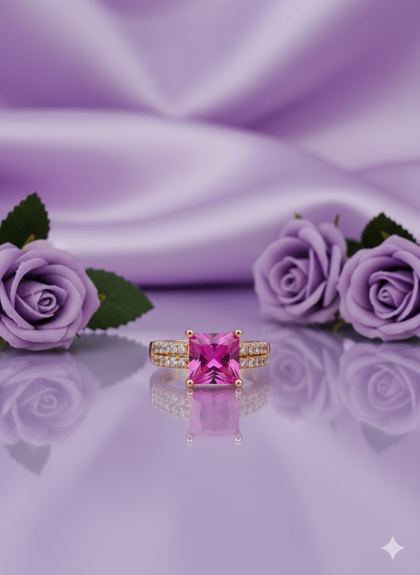 Fuchsia Pink Princess Cut Statement Ring | Rose Gold Tone CZ Pave Band | Bold Cocktail Jewelry
