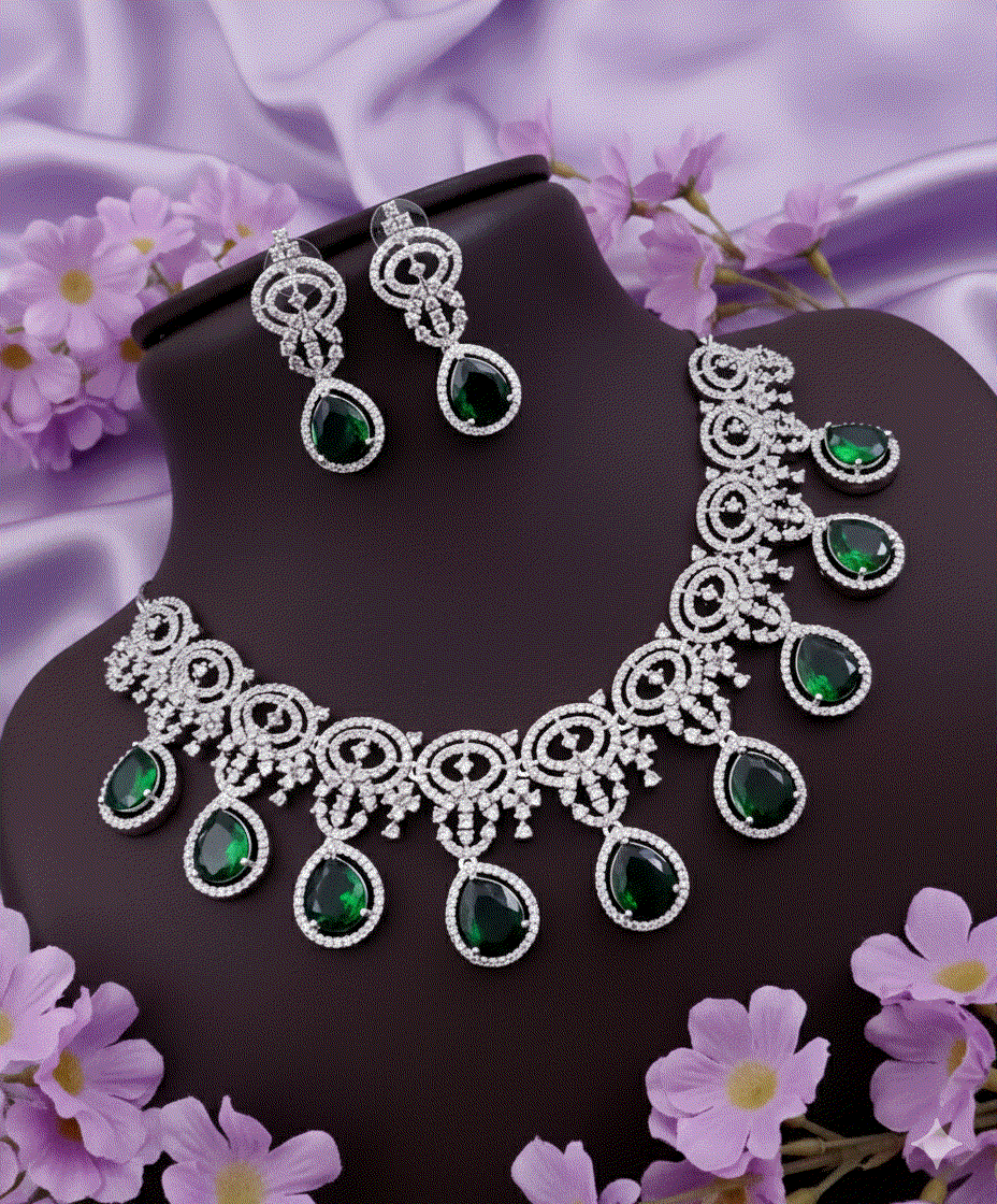 Opulent Emerald Green Luxury CZ Intimate Jewelry Set | Silver-Tone Bridal Wedding Necklace Set & Drop Earrings for Galas & Grand Events