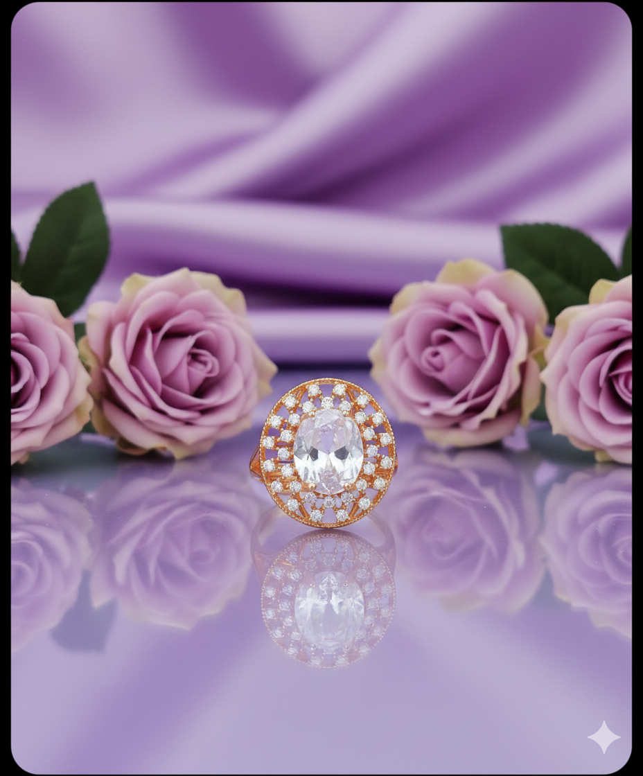 Oval Cut Halo Statement Ring | Rose Gold Tone Pave Setting CZ | Vintage Inspired Engagement Style Jewelry