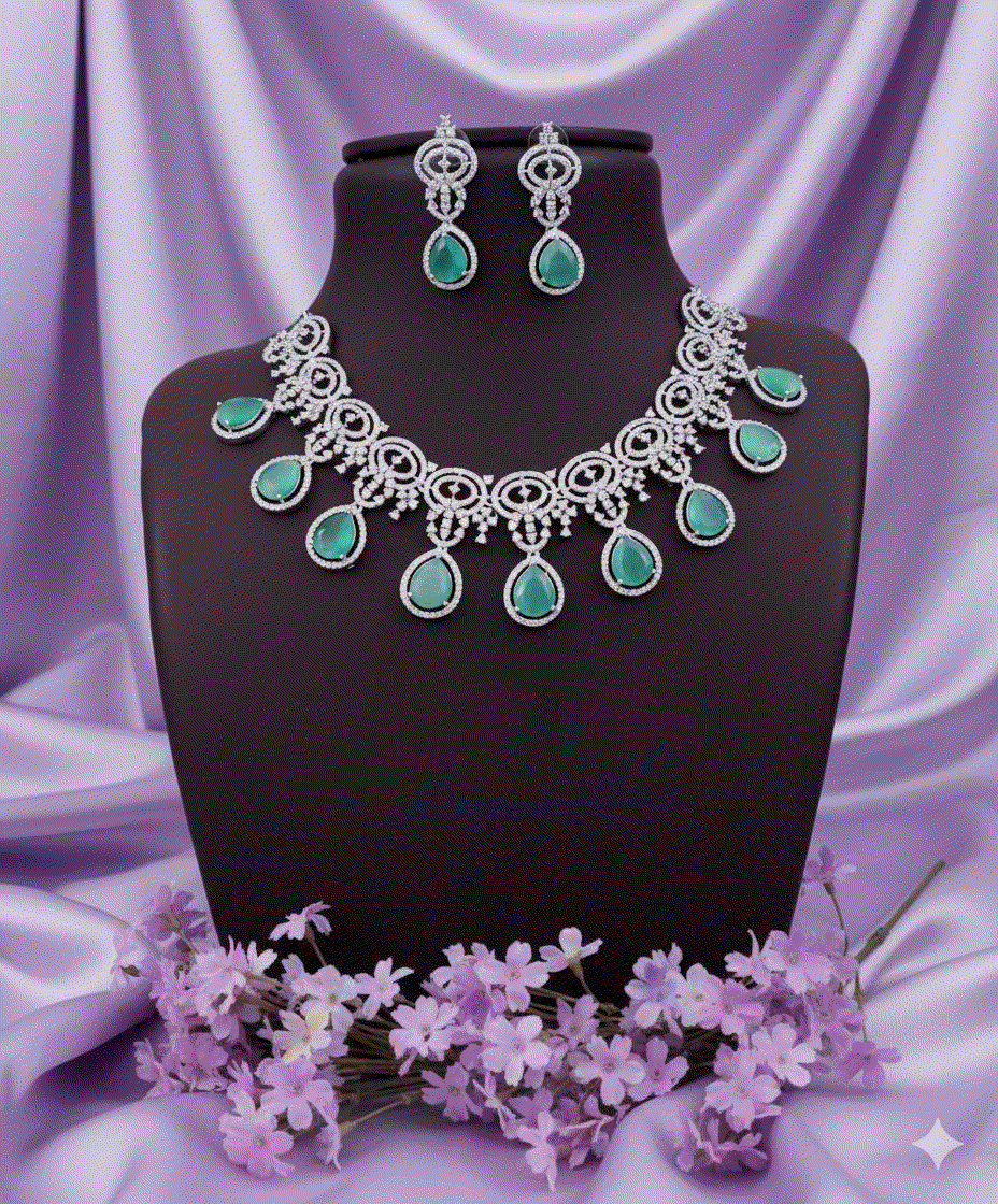 Ocean Serenity Luxury CZ Intimate Jewelry Set | Aqua Seafoam Teardrop Wedding Necklace & Earrings | Premium Bridal & Resort Jewelry