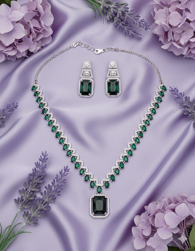 Luxurious Intimate Jewelry Emerald Green CZ Linked Collar Necklace Set | Rhodium Plated Gemstone-Look Statement Choker | High-Shine Gala & Holiday Jewelry - Miraasi Jewels