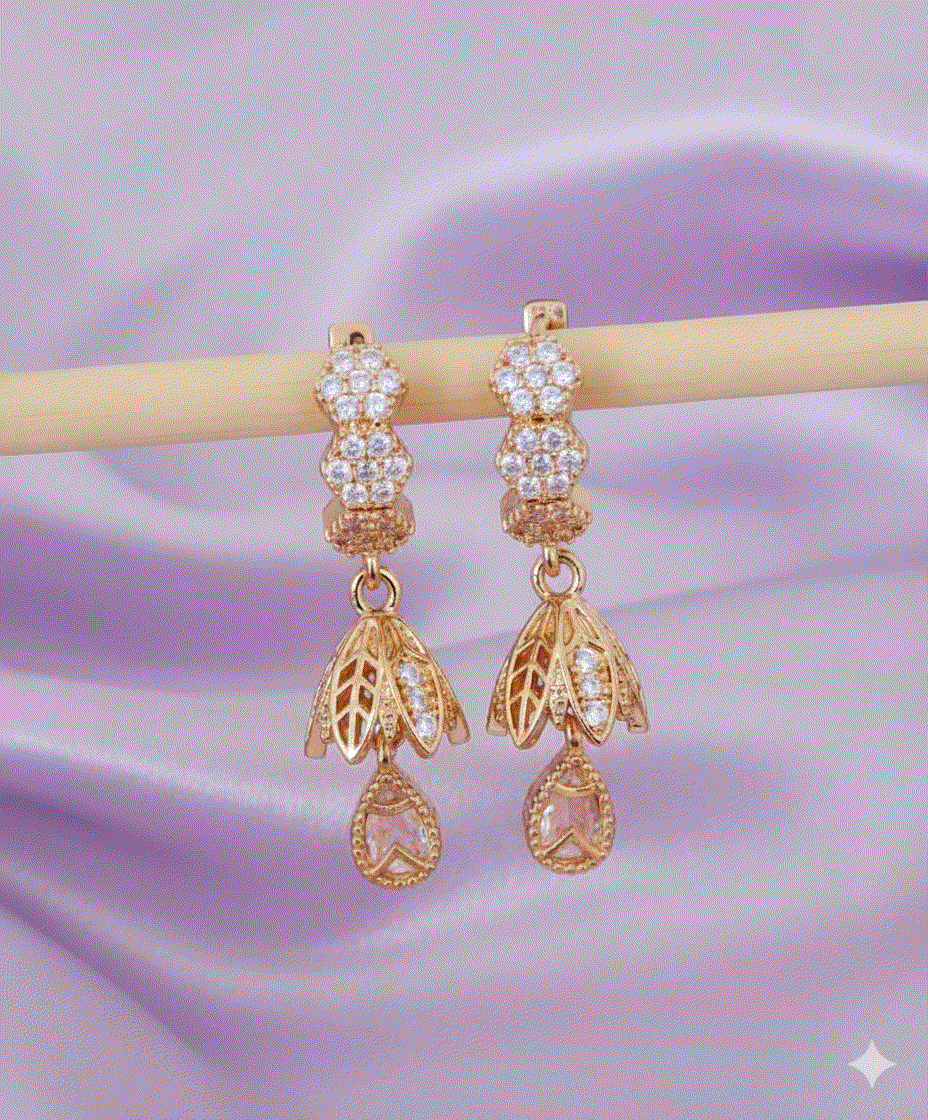 Golden Bloom Intimate Dangle Earrings - Luxury CZ Floral Bell Drop Earrings - Feminine Wedding & Garden Party Jewelry