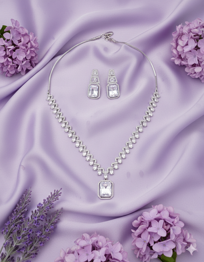 Stately Intimate Jewelry All-Clear CZ Geometric Pendant Set | Luxury Rhodium Plated Diamond-Look Necklace | Classic Bridal & Formal Jewelry - Miraasi Jewels