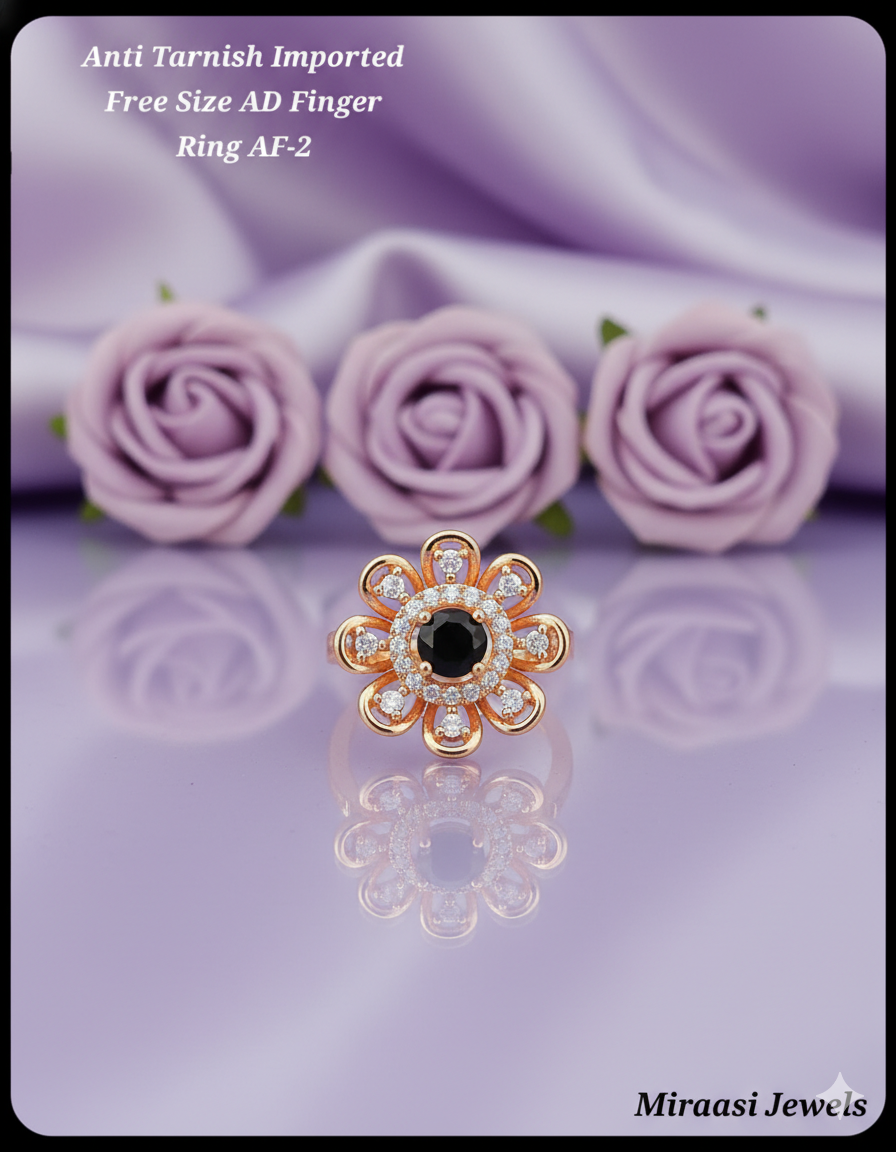 Black & White AD Flower Ring | Rose Gold Tone Anti Tarnish Free Size | American Diamond Statement Jewelry