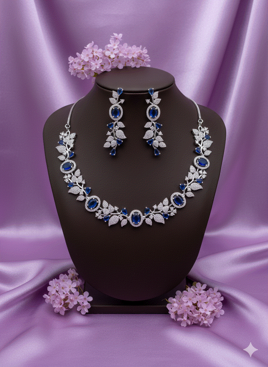 Luxury CZ Blue Sapphire Leaf Wedding Necklace Set | Intimate Bridal & Gala Jewelry