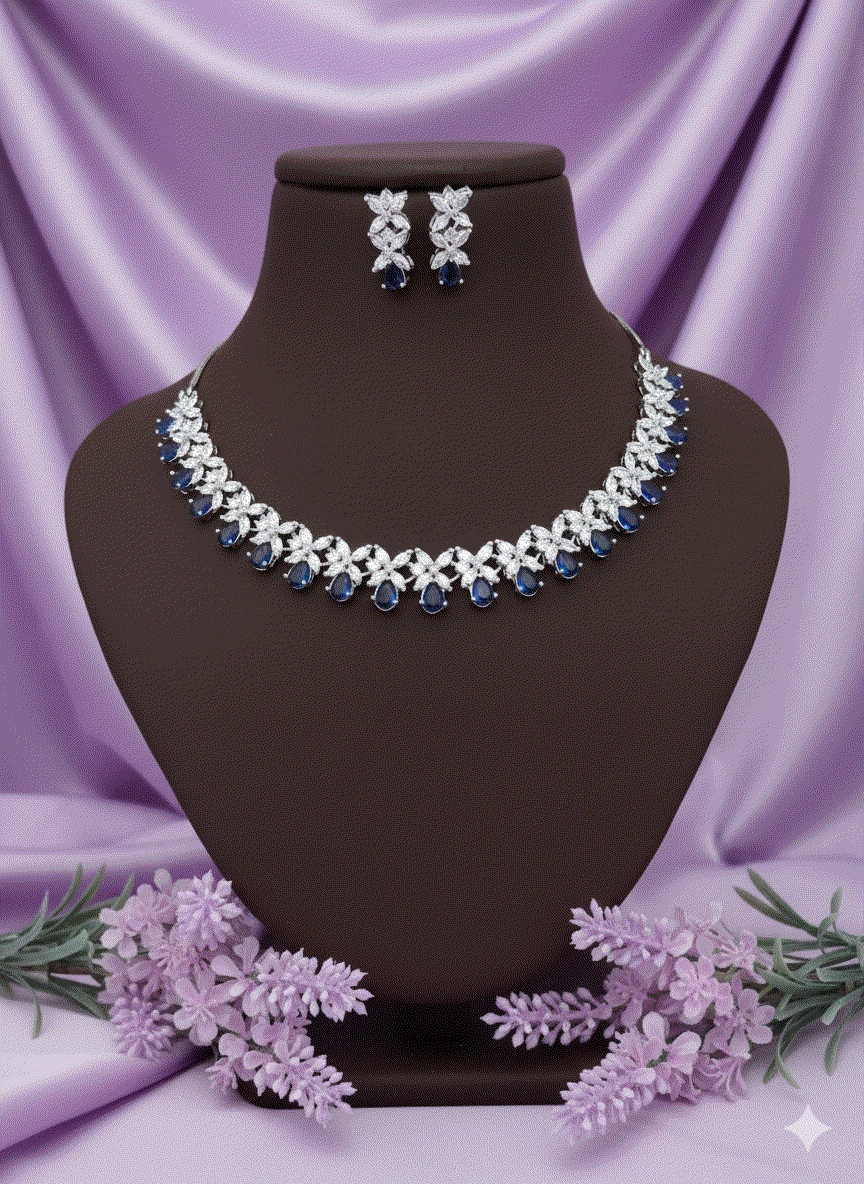 Celestial Sapphire Blue Floral Luxury CZ Intimate Jewelry Set | Silver-Tone Bridal Wedding Necklace Set & Drop Earrings for Gala & Evening Soirées