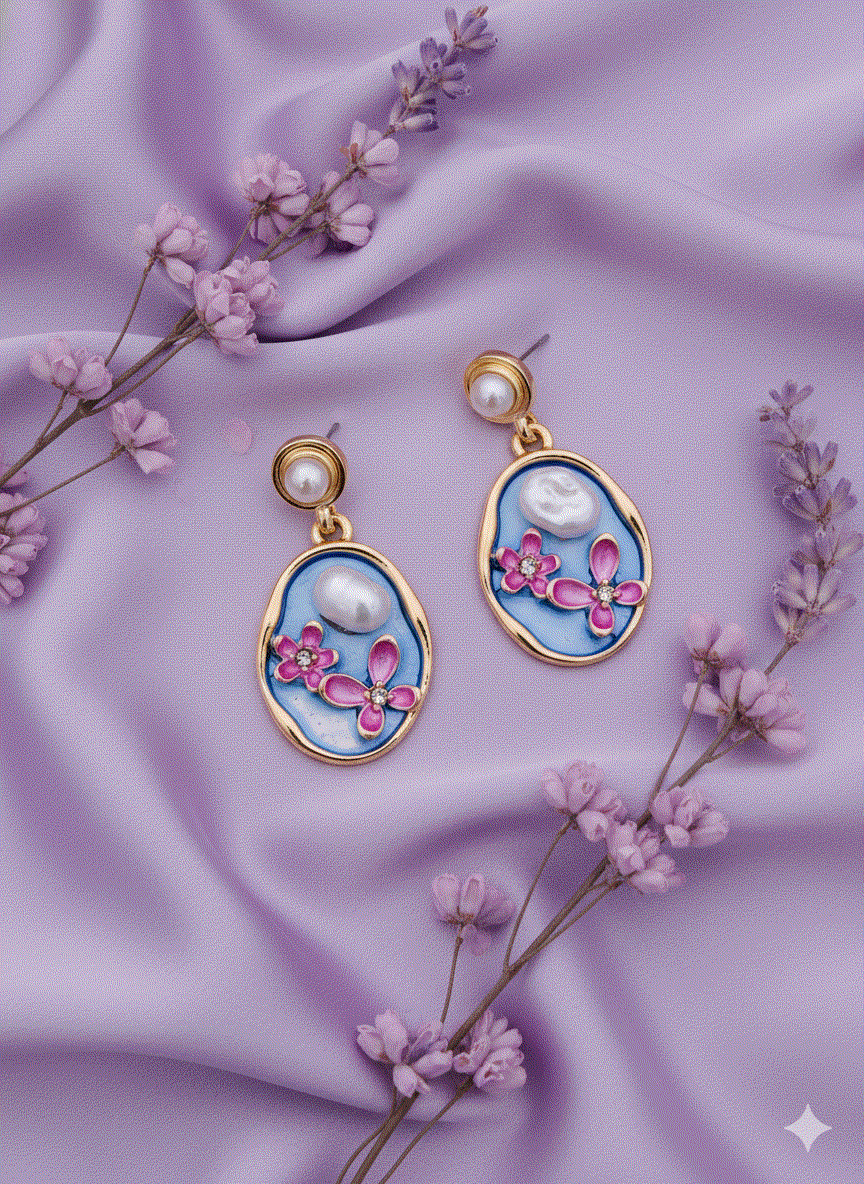 Intimate Jewelry | Enchanting Sky Blue Enamel Pink Floral Drop Earrings | Luxury Gold-Tone Irregular Pearl Danglers | Designer Bridal & Wedding Guest Fashion Jewelry