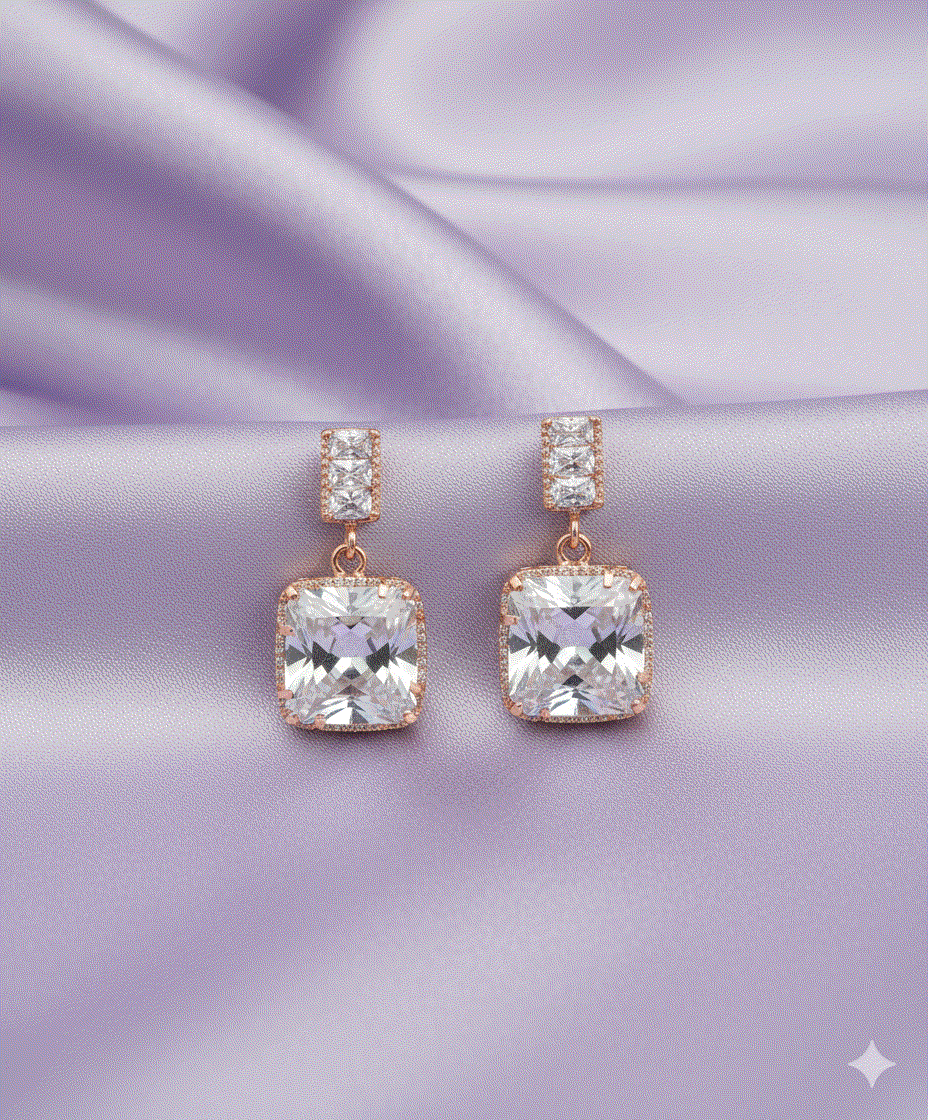 Lumina Cushion Intimate Dangle Earrings - Rose Gold Luxury CZ Bridal & Evening Wear Earrings - Classic Cushion Cut for Weddings & Galas