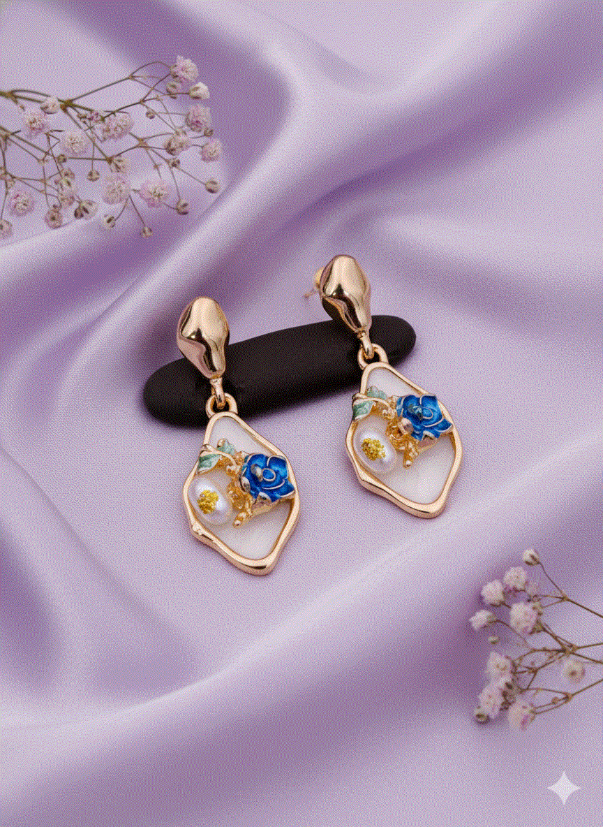 Intimate Jewelry | Exclusive White Enamel Blue Rose Drop Earrings | Luxury Gold-Tone Irregular Pearl Danglers | Designer Bridal & Wedding Guest Statement Jewelry