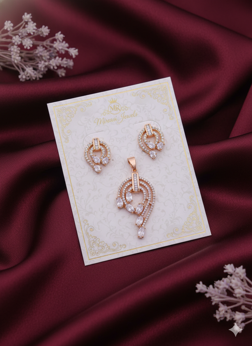 Rose Gold Teardrop CZ Pendant & Dangling Stud Earrings Set | Elegant Sparkle Jewelry