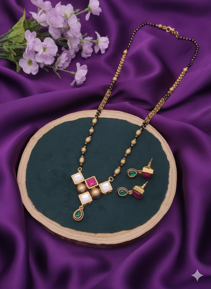 Vibrant multi-color gemstone CZ choker necklace and matching stud earrings on green and purple background