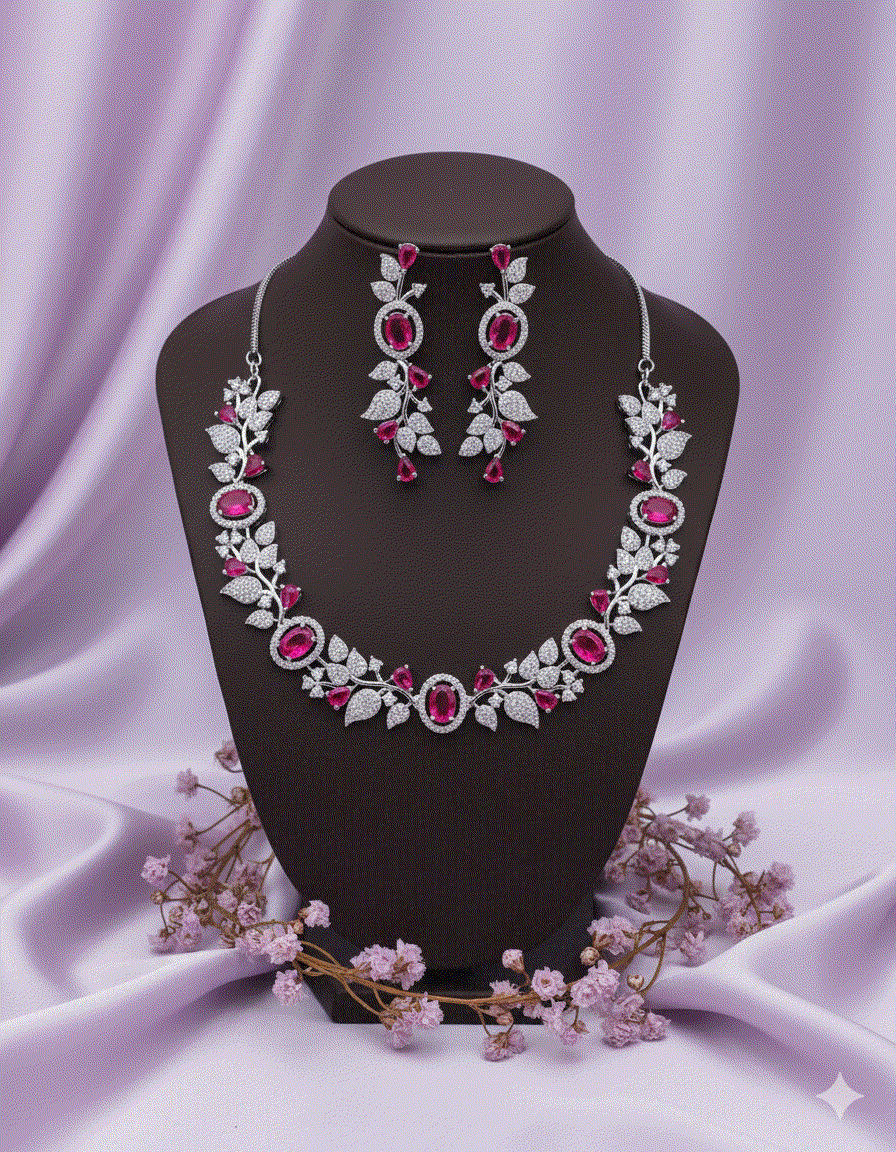Intimate Jewelry Magenta Pink Wedding Necklace Set | Luxury CZ Bridal & Statement Accessories