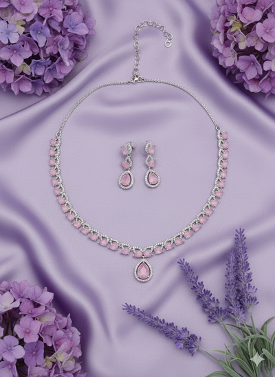Romantic Intimate Jewelry Pink CZ Solitaire Necklace Set | Luxury Rhodium Plated Teardrop Pendant | High-Shine Anniversary & Cocktail Jewelry - Miraasi Jewels