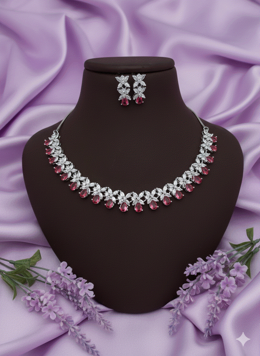Vibrant Ruby Pink Floral Luxury CZ Intimate Jewelry Set | Silver-Tone Bridal Wedding Necklace Set & Drop Earrings for Festive Celebrations & Galas