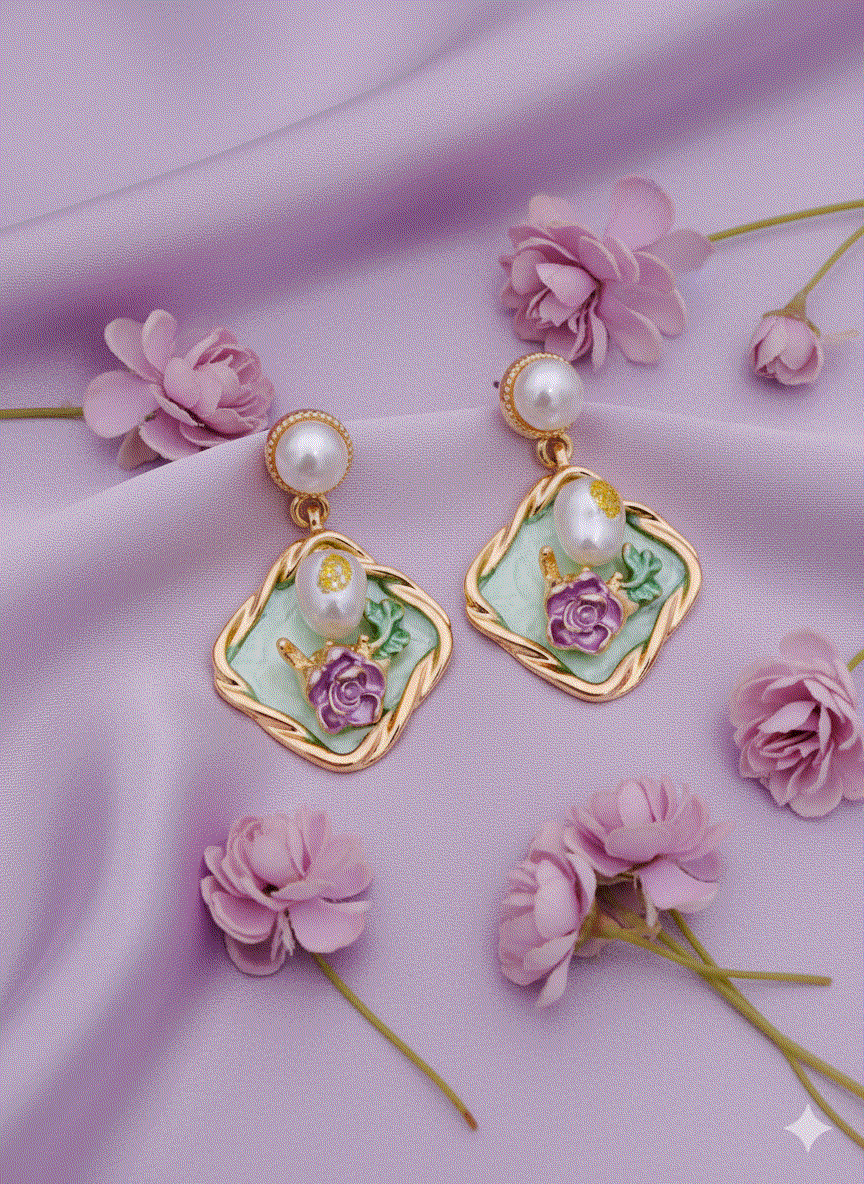 Intimate Jewelry | Elegant Lavender Enamel Rose Drop Earrings | Luxury Gold-Tone Pearl Danglers | Vintage Floral Bridal Jewelry for Weddings & Parties
