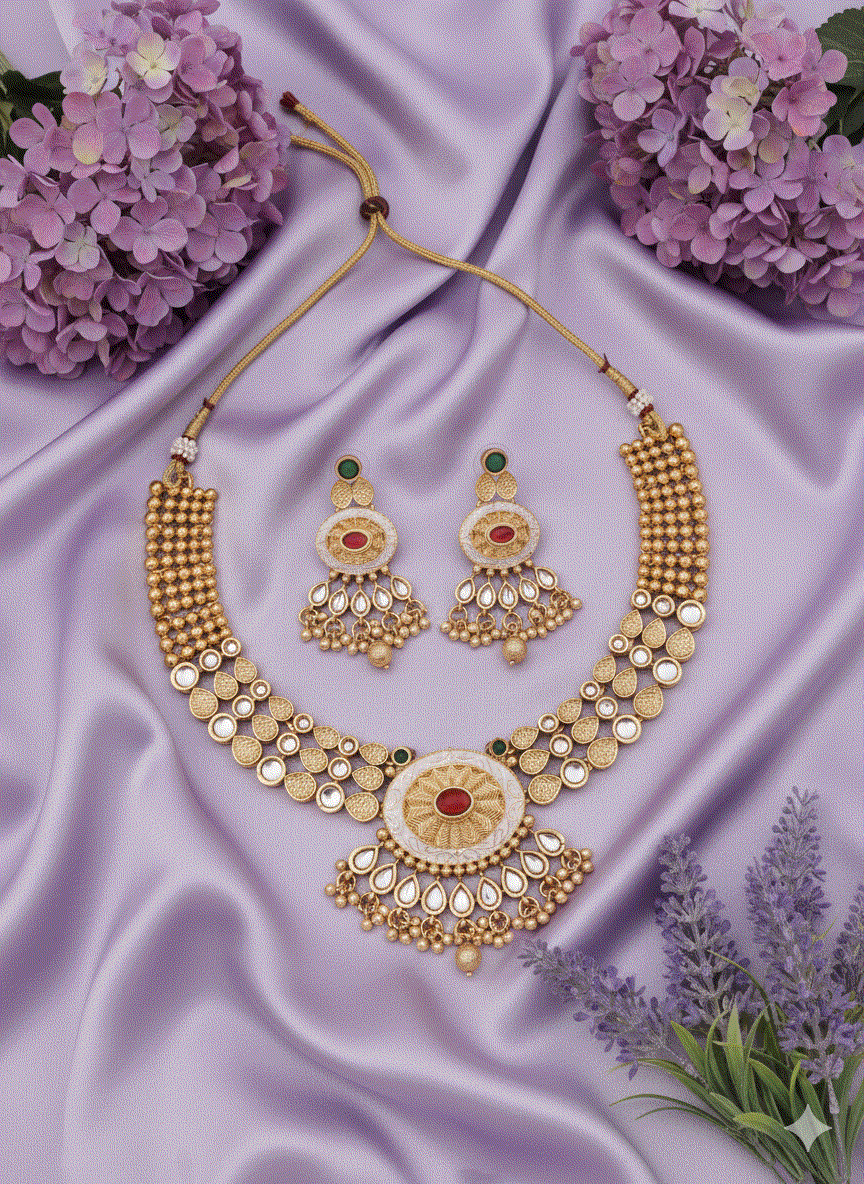 Rajwadi style gold plated choker and earrings set with traditional motifs and colorful stones on purple silk background
