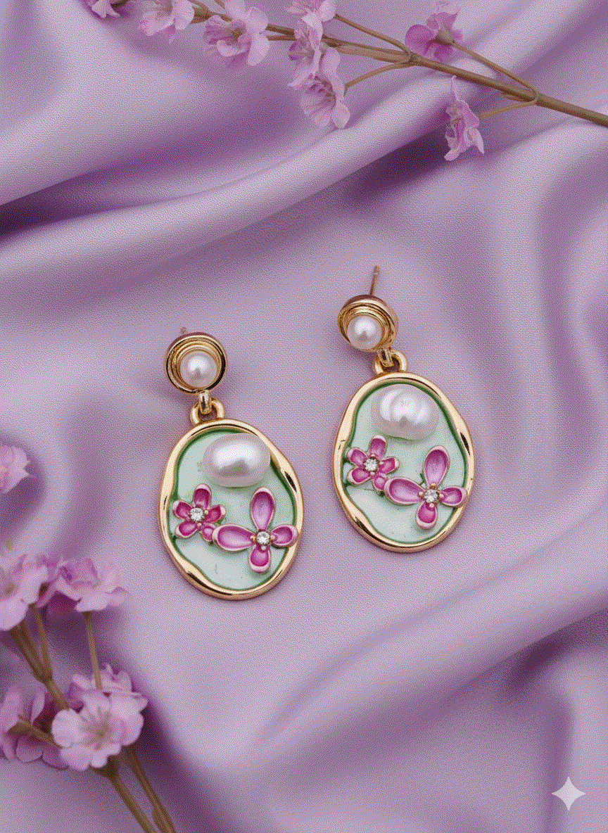 Intimate Jewelry | Charming Mint Green Enamel Pink Floral Drop Earrings | Luxury Gold-Tone Irregular Pearl Danglers | Unique Bridal & Wedding Guest Fashion Jewelry