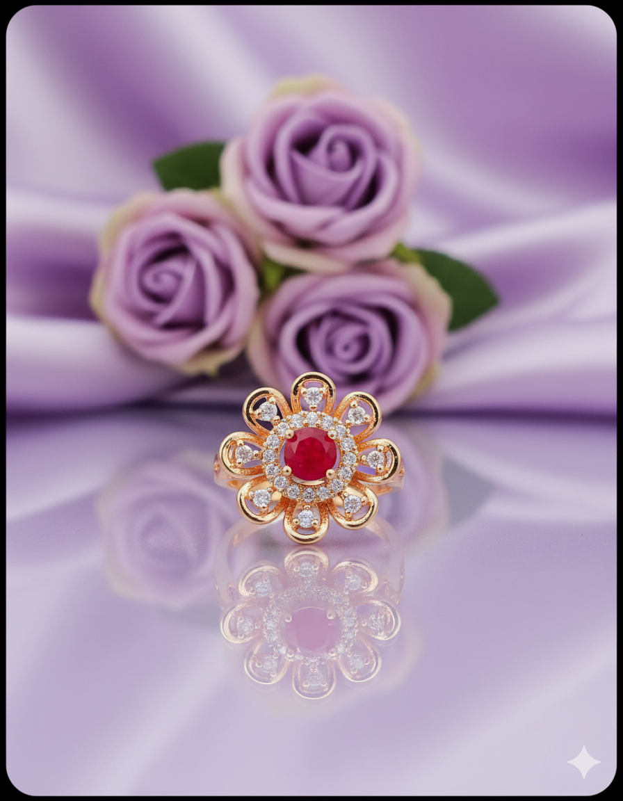 Red Flower Cocktail Ring with CZ Petals | Gold Tone Floral Statement Jewelry | Vintage-Inspired Romantic Gift