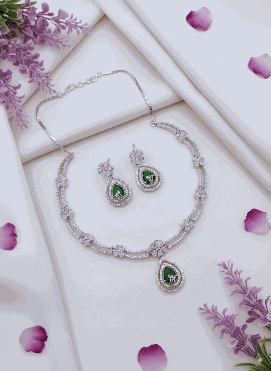 Luxury Emerald Green & CZ Teardrop Wedding Necklace Set | Intimate Bridal Jewelry | Anti-Tarnish Gala Wear - Miraasi Jewels