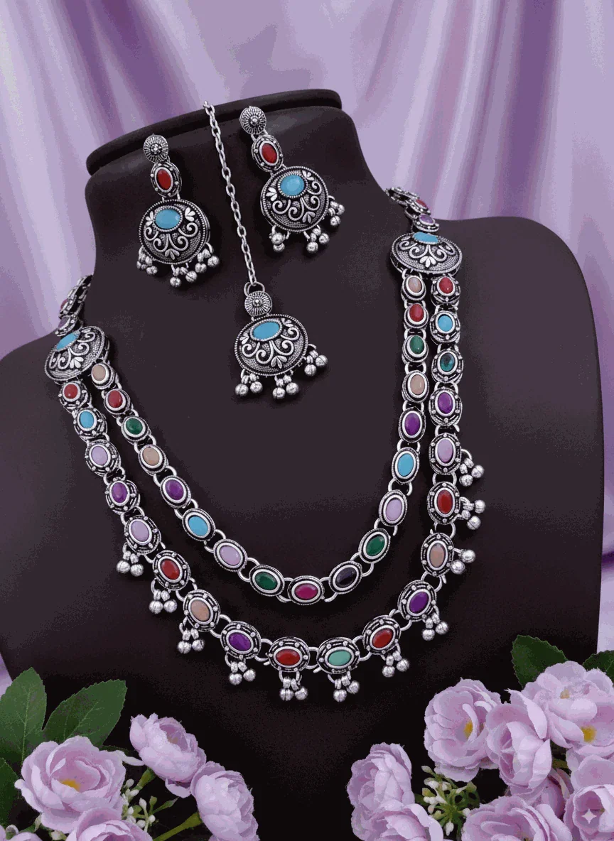 Vibrant Oxidized Multi-Color Stone Long Necklace Set | Intimate Ethnic Bridal Jewelry | Bohemian Maang Tikka & Earrings - Miraasi Jewels