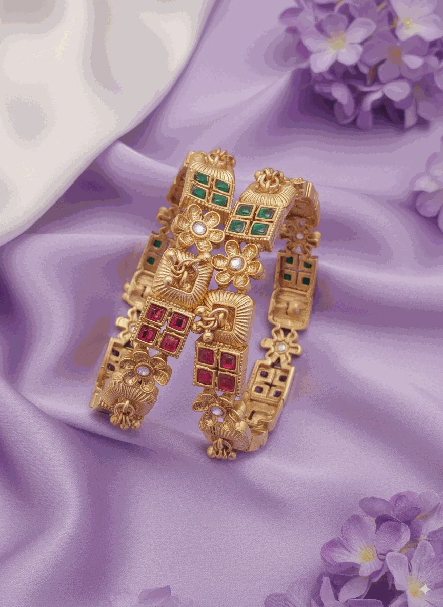 Unique Intimate Jewelry Link Bangle Set | Luxury Matte Gold Plated Ruby & Emerald Wedding Kadas | Geometric Bridal Jewelry for Women - Miraasi Jewels