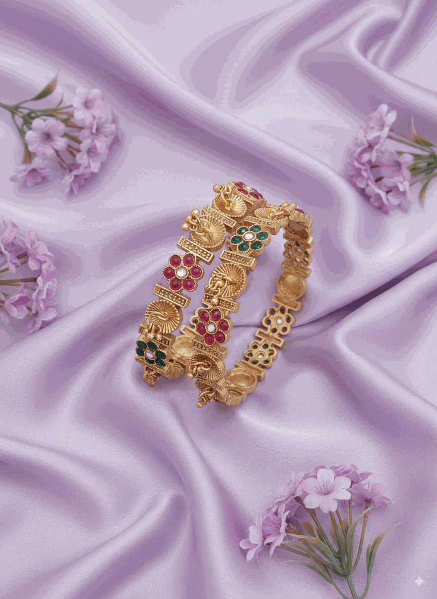 Exquisite intimate jewelry hinged bangle set with antique gold plating, floral and peacock design, ruby and emerald stones on lavender silk background with pink flowers.