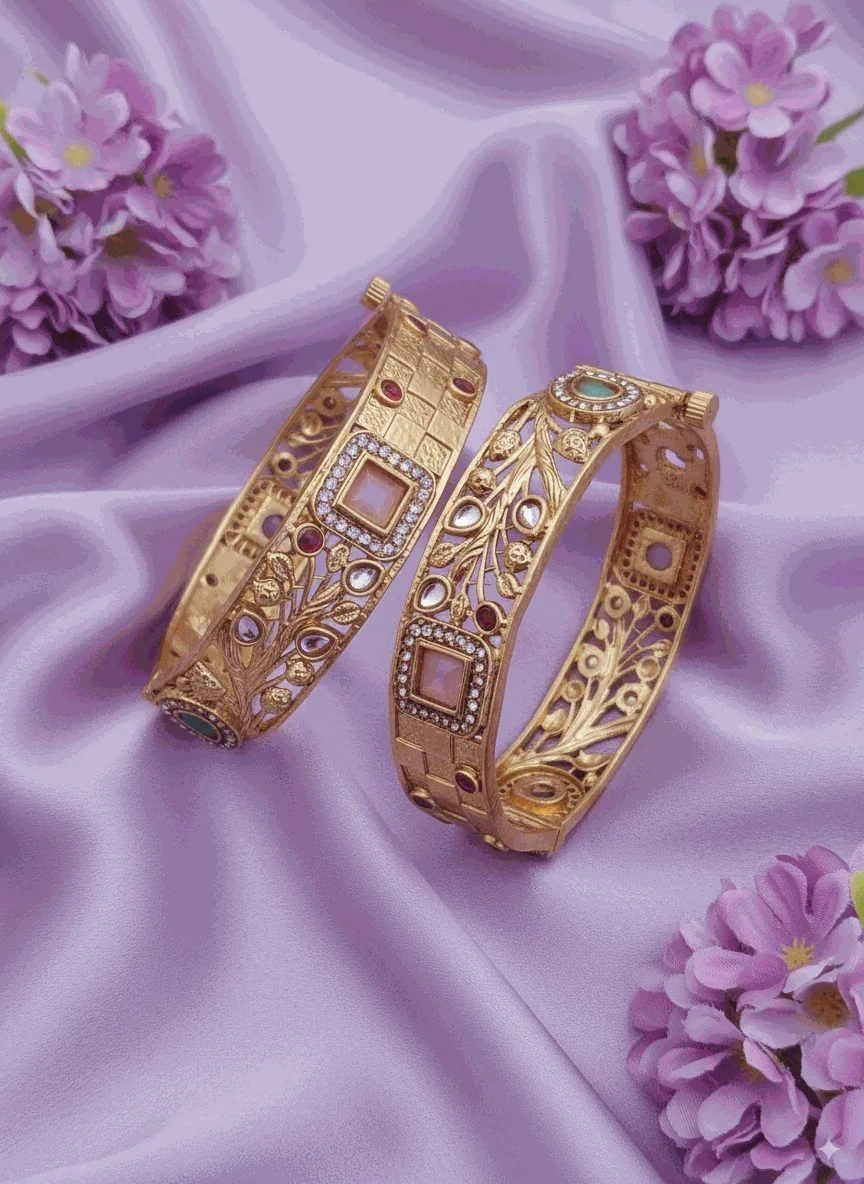 Artisan Intimate Jewelry Hinged Bangle Set | Luxury Antique Gold Plated Filigree & Kundan-Look Wedding Kadas | Statement Bridal Jewelry - Miraasi Jewels