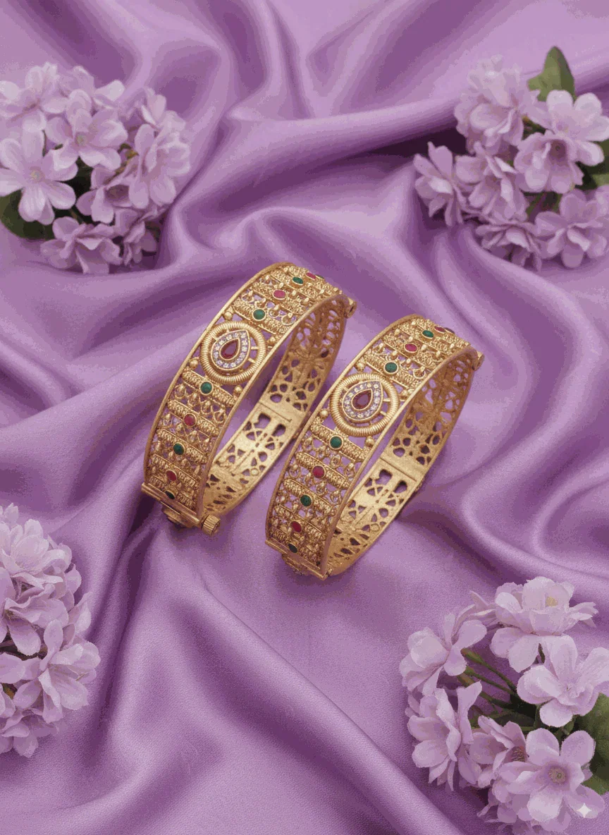 Opulent Intimate Jewelry Hinged Bangle Set | Luxury Tear-Drop Kundan-Look Wedding Kadas | Antique Gold Plated Bridal Jewelry with CZ - Miraasi Jewels