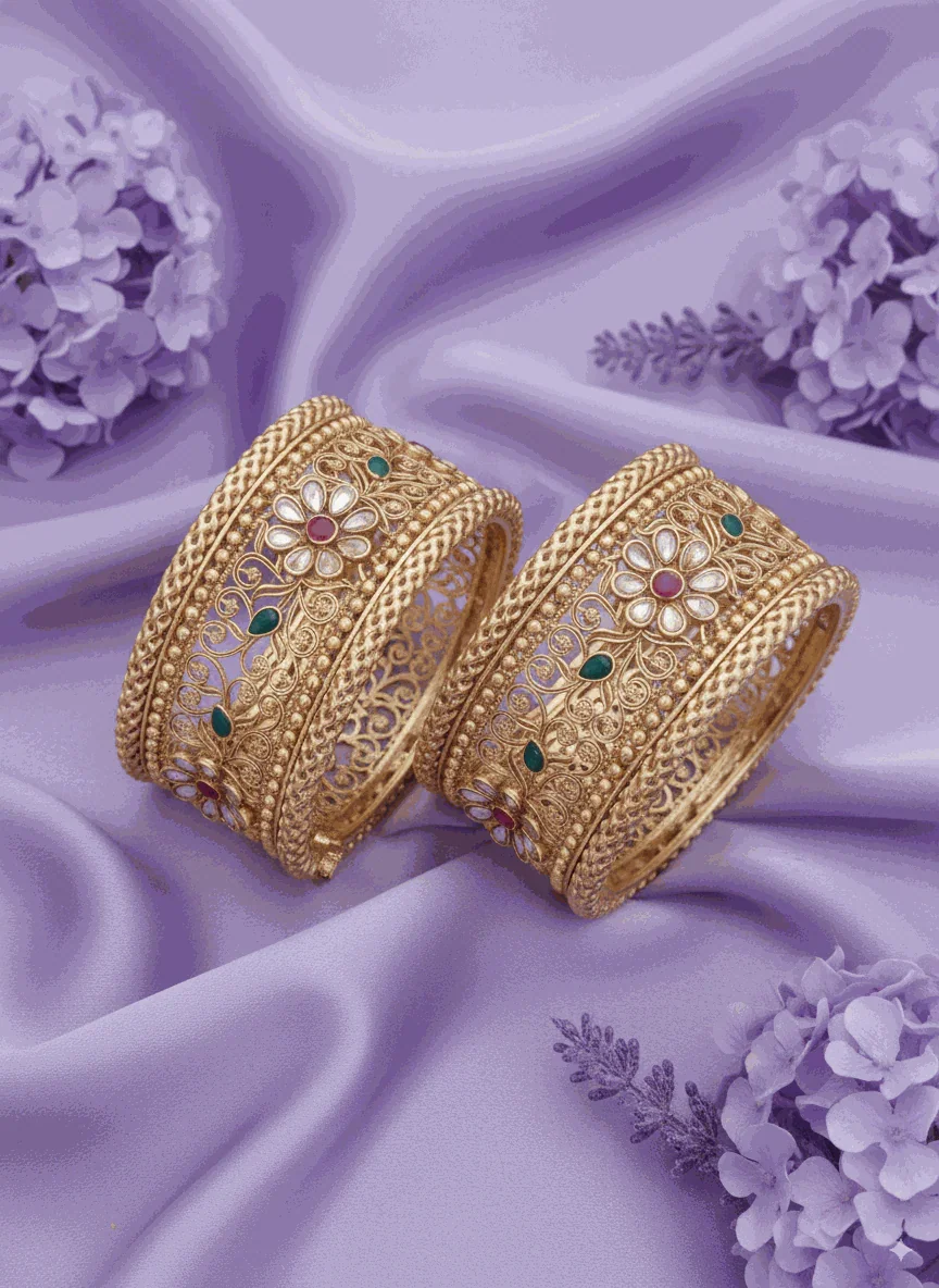 Heirloom Intimate Jewelry Wide Bangle Set | Luxury Filigree Polki-Look Wedding Kadas | Grand Antique Gold Plated Bridal Jewelry for Women - Miraasi Jewels