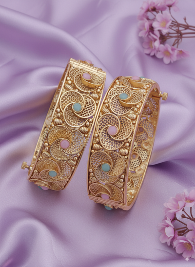 Enchanting Intimate Jewelry Filigree Bangle Set | Luxury Antique Gold Plated Pastel Enamel Wedding Kadas | Statement Bridal Jewelry for Women - Miraasi Jewels