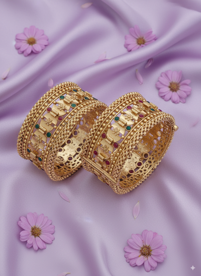 Enchanting Intimate Jewelry Filigree Bangle Set | Luxury Antique Gold Plated Pastel Enamel Wedding Kadas | Statement Bridal Jewelry for Women - Miraasi Jewels