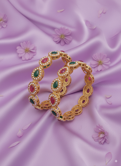 Grand Intimate Jewelry Wide Bangle Set | Luxury Polki-Look CZ Floral Wedding Kadas | Antique Matte Gold Plated Bridal Jewelry for Women - Miraasi Jewels