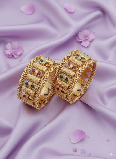 Opulent Intimate Jewelry Teardrop Bangle Set | Luxury Antique Gold Plated Kundan-Style Ruby Emerald Kadas | Classic Bridal Jewelry - Miraasi Jewels