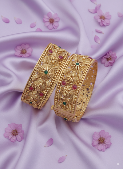 Regal Intimate Jewelry Pearl Bangle Set | Luxury Gold Plated Ruby Emerald Kundan Kadas | Traditional Bridal Jewelry for Women - Miraasi Jewels