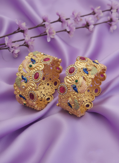 Royal Peacock Intimate Jewelry Bangles | Indian Wedding & Bridal Gold Plated Kada | Ruby Emerald CZ Ethnic Statement Set - Miraasi Jewels