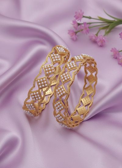 Luxury Pearl Intimate Jewelry Bangles | Gold Plated Wedding Kada Set | Classic Bridal Lattice Design - Miraasi Jewels