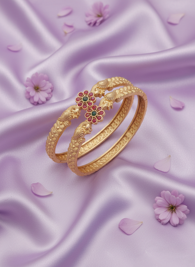 Traditional Floral Intimate Jewelry Bangles | Matte Gold Plated Wedding Kada | Ruby Emerald Temple Jewelry Inspired - Miraasi Jewels