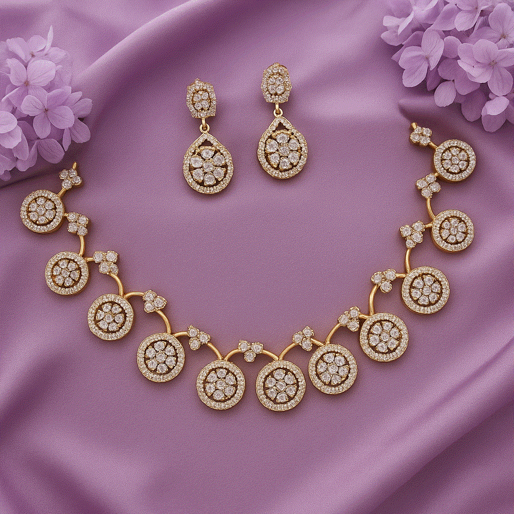 Luxury Gold-Plated Pave CZ Flower Necklace Set | Intimate Diamond-Look Bridal Jewelry | Anti-Tarnish Gala Wear - Miraasi Jewels